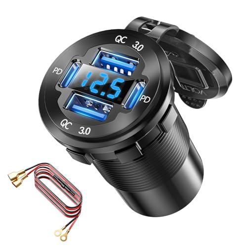12V USB Charger with 4 Ports, Upgraded Aluminum Alloy Car Outlet with LED Voltmeter Display, for