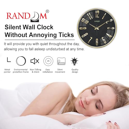 Image of RANDOM Silent Wall Clock, Non-Ticking Quartz Movement, Foiling Ring and 3D Numbers (Black)