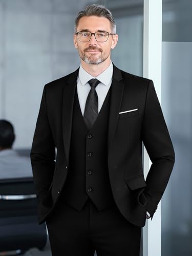 WEEN CHARM Suits for Men,3 Piece Slim Fit Suit Set with 2-Button Blazer,Vest,Pants,Tuxedo for Wedding,Prom,Party,Business Black - Thumbnail 2