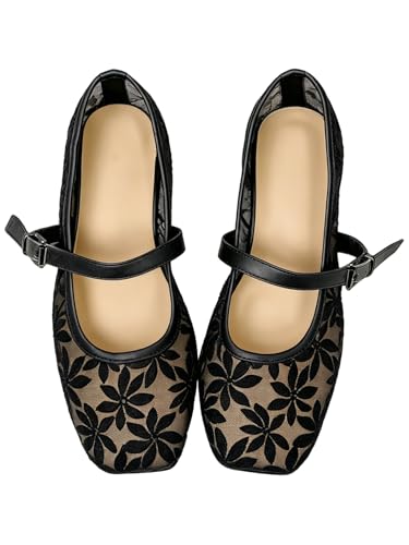 Milumia Women's Mesh Ballet Flats Comfortable Dressy Trendy Square Closed Toe Maryjane Flat Shoes Floarl Black 9