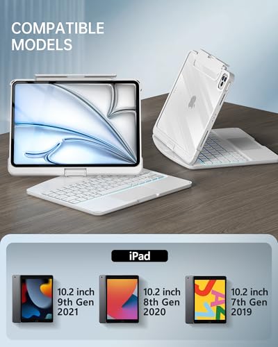 Image of Intermerge for iPad 9th Generation 10.2 inch Case with Keyboard, 360 Rotating Multi-Touch Trackpad, 7-Color Backlit Keyboard, Transparent Back Shell, Compatible with iPad 9th(10.2inch,2021), White