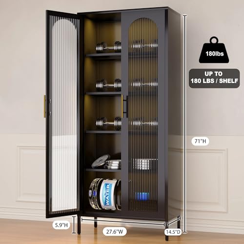 Image of 71 inch Tall Glass Cabinet, Display Case with Glass Doors and Lights, Metal Storage Cabinets, Hutch Cabinet with Adjustable Shelves, Storage Cabinets for Dining Room, Living Room,Kitchen, Black