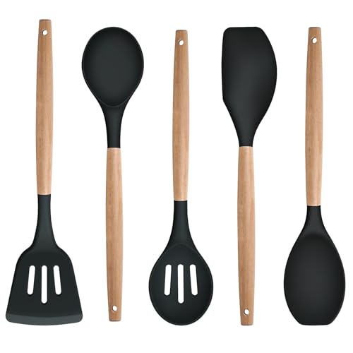 5Pcs Kitchen Utensil Set, Homikit Silicone Cooking Utensils with Wood Handle, Heat Proof Spatula Turner Spoon Set for Non-Stick Cookware, Healthy & Easy Clean, Black