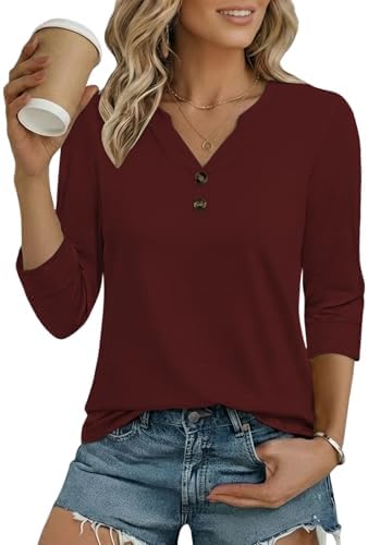 Cuptacc Tshirt Damen Sommer V-Ausschnitt 3/4 Arm Oberteil Elegante Business | Freizeit,Alltag,Fashion,Locker,Atmungsaktiv,Klassisch,V-Ausschnitt,3/4 Ärmel,Figurschmeichelnd,Knopfle