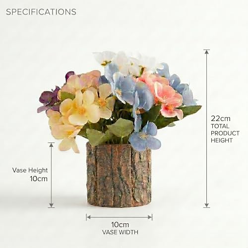 Image of Dekorly Artificial Multicolor Hydrangea Flower with Real Wooden Planter Vase (22CM) | Lifelike Faux Floral Arrangement for Home, Office & Table Decor (Hydrangea Floral)