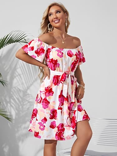 Image of Off Shoulder Ruffle Dress for Women, A-Line Mini Dress with Belt, Fitted Bust Summer Wedding Guest Dress