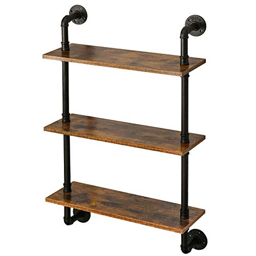 IBUYKE Industrial Pipe Shelves, Pipe Floating Shelves, Rustic Wall Mount Bookcase, 3-Tiers, 23.6' Metal Bracket Storage Wall Shelf for Bedroom, Kitchen, Living Room, Bathroom RF-TM003