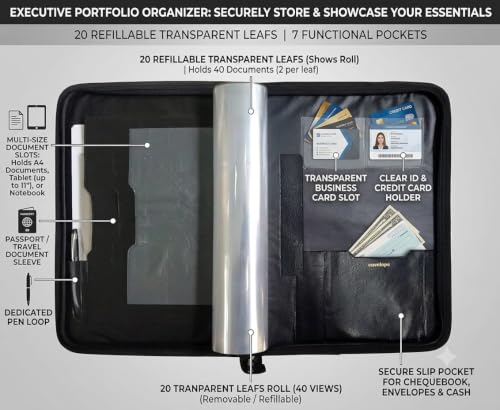 Image of Professional Portfolio File Folder | Document Holder with 20 Leafs Unique PU Leather File for Home & Office Document File Folder with 20 Leafs for Men & Women (Black Jeans Pattern)