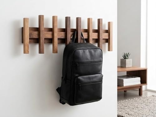 Image of Wooden Wall Mounted Coat Rack with Multiple Hooks, Decorative Wall Hanger for Clothes, Jackets, Bags, Scarves, Towels & Home Organization