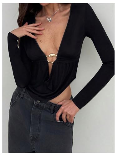SOLY HUX Women's Deep V Neck T Shirt Long Sleeve Metal Decor Draped Front Ruched Asymmetrical Tops2