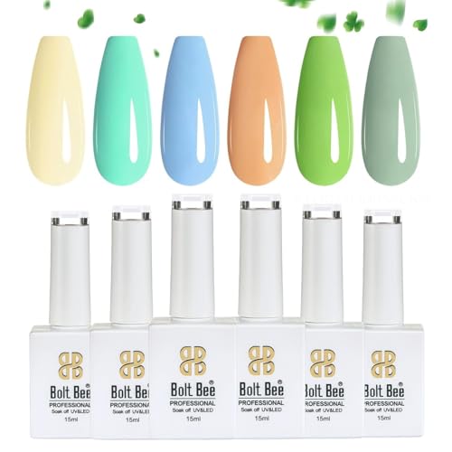 Image of Bolt Bee Gel Polish Kit, 6 Colors Light Soft Sakura White Nude Spring Soak off Nail Art Design Manicure Kit at Home (C+BG+B+PO+G+G)