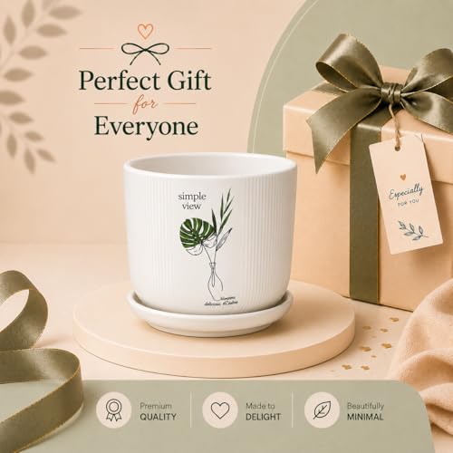 Image of Xtore Ceramic Planter with Drainage Tray | Minimal Botanical Print Flower Pot for Home, Study Table, Office Desk & Window Decor - (White, 1 Piece, Planter ONLY)
