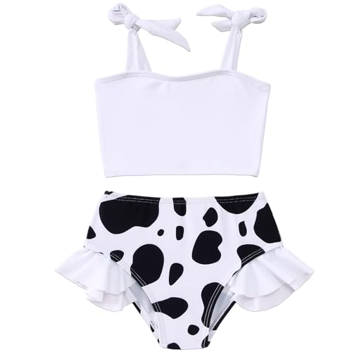 BOUTIKOME Toddler Baby Girl Two Piece Swimsuit Cow Print Swimwear Knot Top Flared Bottom Bikini Set Beach Bathing Suit 1-6T