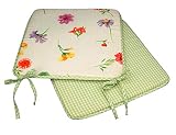 Sitzkissen beidseitig verwendbar mit Blumen und Vichy Karo in grün 38x38 cm - mit Paspel und Schleifen - Tischwäsche individuell kombinierbar aus Stuhlkissen Tischdecke Tischläufer Platzset - Landhaus Serie Garten Tischwäsche & Polster Kissen Typ330