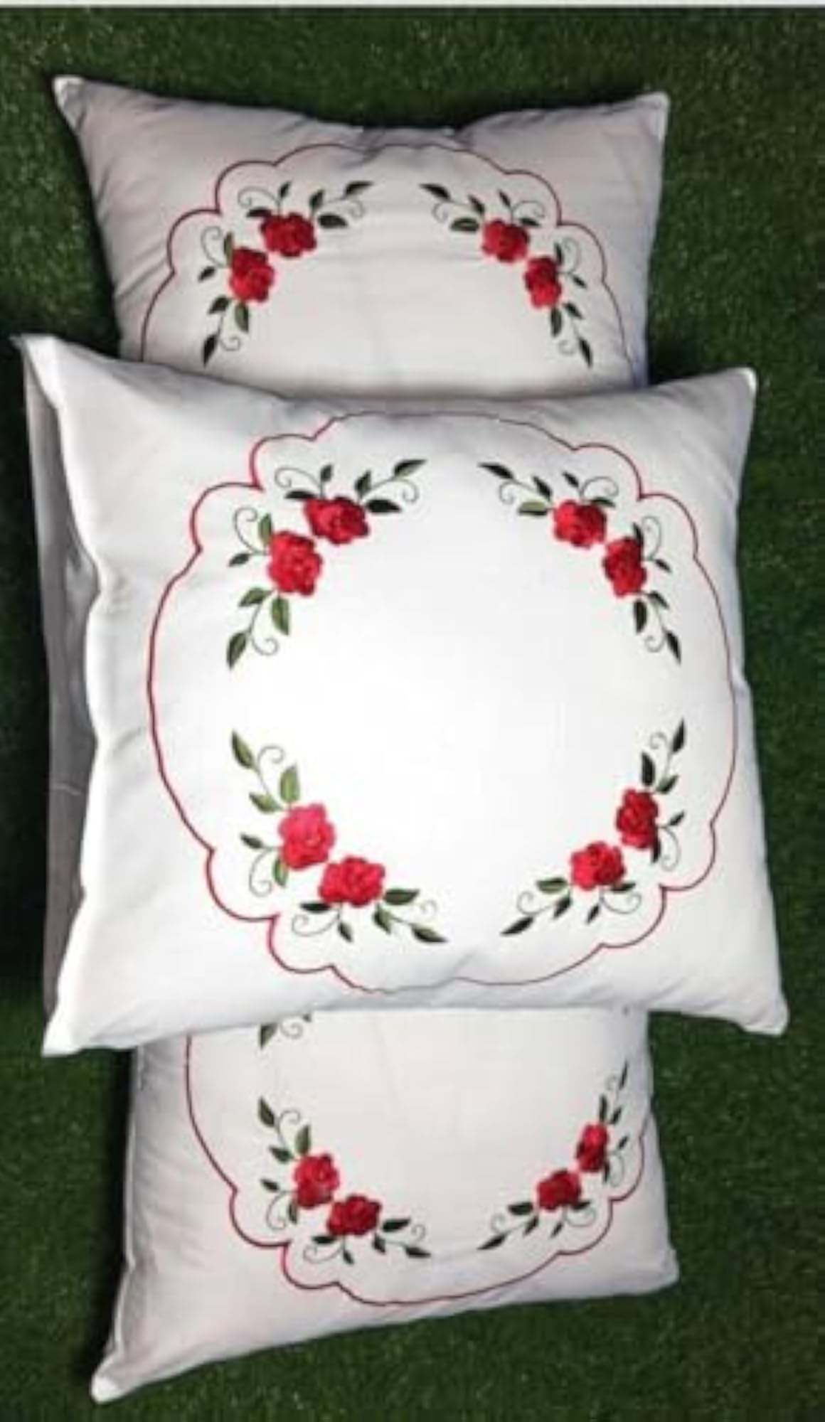 Embroidered Cushion Covers, Red Rose Floral Design