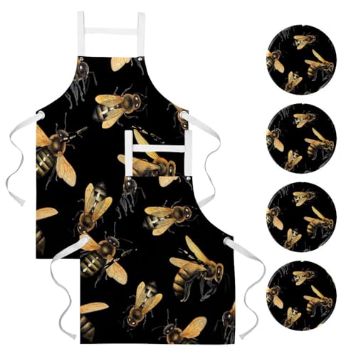 Tablier de cuisine lot de 2 motif abeille aquarelle pour pâtisserie et bistrot
