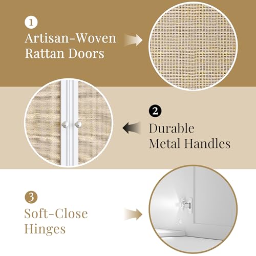 Image of Laundry Room Cabinets 24INCH Bathroom Cabinets Wall Mounted with Adjustable Shelves, Rattan Wall Cabinet for Bedroom, Kitchen, Bathroom, White