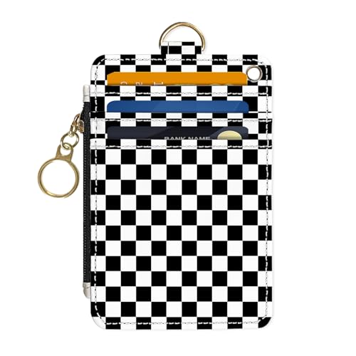 Image of Slim Wallet Credit Card Holder, Black and White Checkered, RFID Wallet Women Cute Small Front Pocket Wallet With Zipper, PU Leather Thin travel RFID Blocking Card Case ID Window ,Ladies Gifts