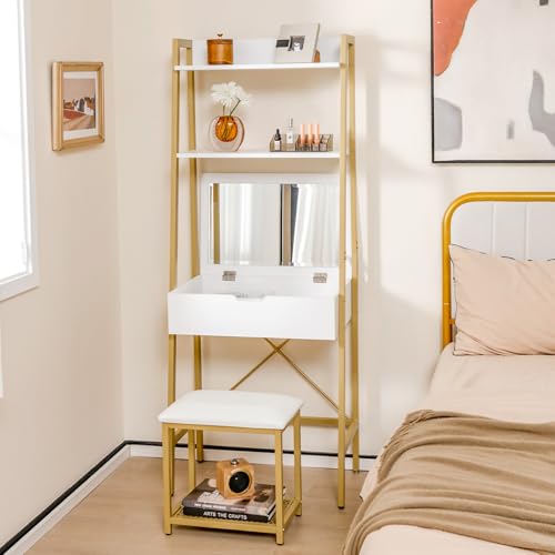 COSTWAY Vanity Desk Set with Flip-up Mirror, Ladder Vanity Table and Cushioned Stool Set w/ 4 Storage Compartments, Small Makeup Vanity Dressing Table for Small Spaces, Bedroom (White + Gold)