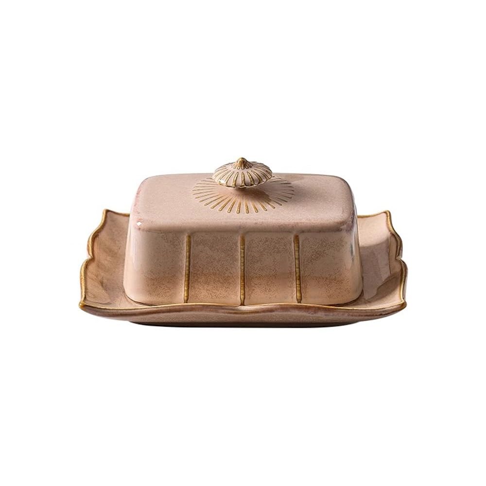 HPTHLY Butter Dish French Vintage Ceramic Butter Box French Tableware Baked Butter Plate With Cow Butter Cover Dim Sum Plate Cheese Box Butter Container (Khaki)