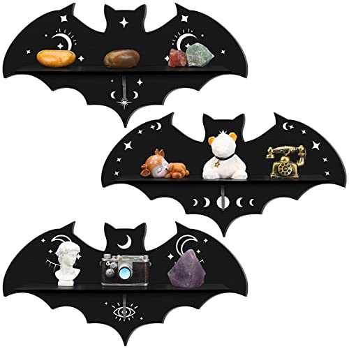 Geetery 3 Pcs Bat Shelf Gothic Decor Witchy Crystal Shelf Spooky Coffin Wall Hanging with Hooks Floating Black Wooden Room Decor for Crystal Keys