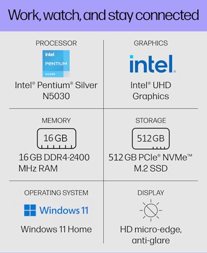 HP 14 Laptop Intel Pentium N5030 16GB RAM 512GB SSD Silver miniatura 3