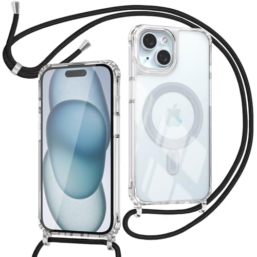ZYIMOU für iPhone 15 Hülle mit Band Kompatibel mit MagSafe Transparent Magnetische Handyhülle mit Kordel zum Umhängen Handyband Stossfest SchutzhülleKette Schwarz
