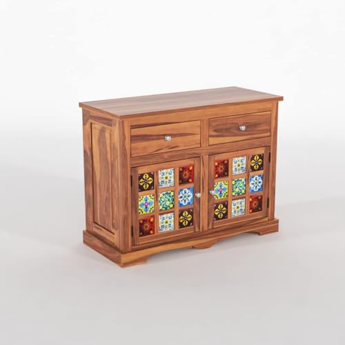 Image of Sheesham Wood Sideboard and Cabinets | Wooden Side Board Small Cabinet with Multicolor Tiles for Living Room | Free Standing Cabinet with 2 Drawers & 2 Door Storage | Natural Finish