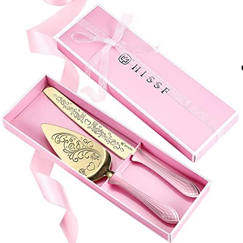 HISSF Wedding Cake Knife and Server Set, Stainless Steel Hollow handle,Gold and Pink Cake Pie Pastry Servers, Sweet Love Cake Serving Set Perfect For Wedding, Birthday, Parties and Events
