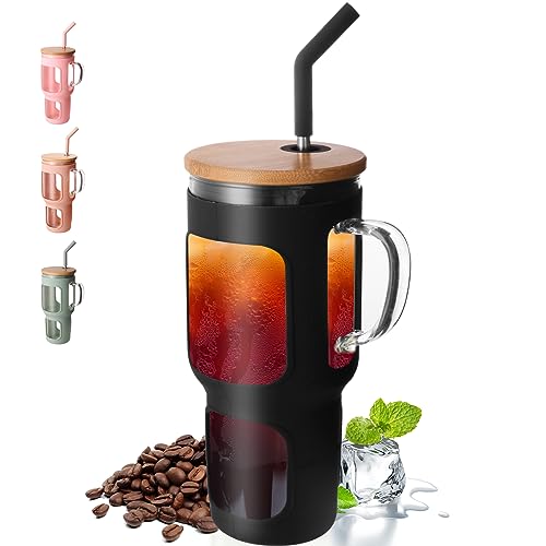 COMOOO 40oz Glass Tumbler with Bamboo Lid and Straw, Glass Water Cup with Handle, Iced Coffee Drinking Cup with Silicone Sleeve, Glass Tumbler Dishwasher Safe, Cup Holder Friendly, Black