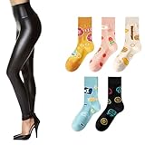Tagoo Women's Stretchy Faux Leather Leggings Pants and Food Printed Cute Crew Socks Art Fun Socks
