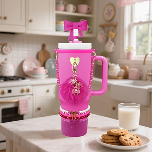Hpebl 11PCS Fuchsia of Stanley Cup Accessories 30/40 OZ Water Bottle Tumbler Accessories Set Pearl Bow Charm for Stanley Decorations Including Bow Straw Topper, Pom Pom Keychain, Silicone Tumbler Boot - image 6