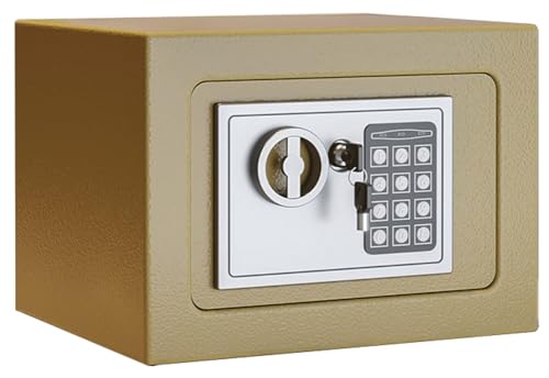 QYMLSH Mini Coffre-Fort Électronique - Domestique Haute Sécurité, Structure en Acier, avec Serrure À Combinaison Et Clé | Convient pour Ranger Argent Liquide, Bijoux, Documents(Gold)