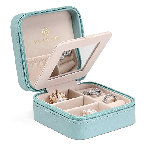 Vlando Small Travel Jewelry Box Organizer - Mirrored Jewelries Necklaces Rings Earrings Necklace Storage Case, Blue