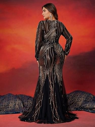 Image of Plus Size Long Sleeve Sequin Evening Dress Glitter Mermaid Long Gown for Mother of The Bride Or Wedding Guest