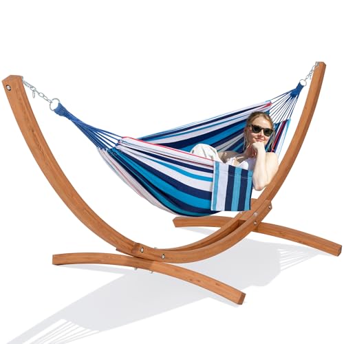 Image of SUNCREAT Portable Hammock with 10 ft Wooden Stand, Blue Stripes
