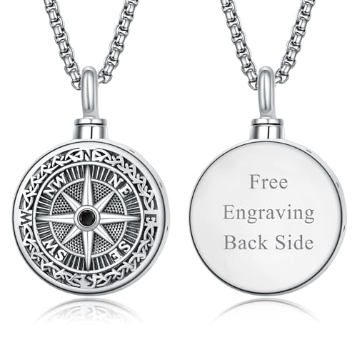 KINGWHYTE Urn Necklace for Ashes 925 Sterling Silver Compass Cremation Jewelry for Ash Pendant Keepsake Memorial Gifts for Men Women Dog
