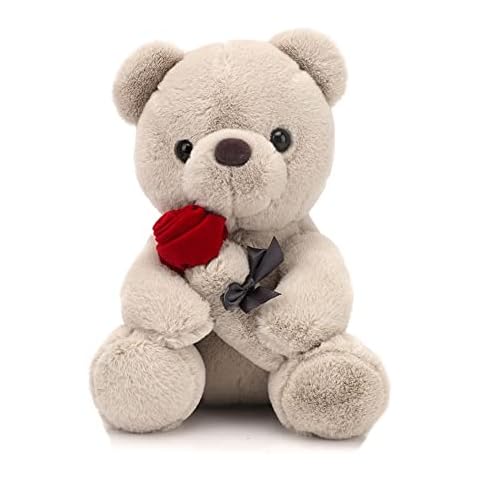 Fouvin Teddybär, Plüsch-Bär, Teddy mit Rose, 23 cm Teddybären Rose Stofftier Spielzeug Dekozimmer Kissen, Plüschtier Kuscheltier Schmusetier Geschenke für Kinder Mädchen Cover