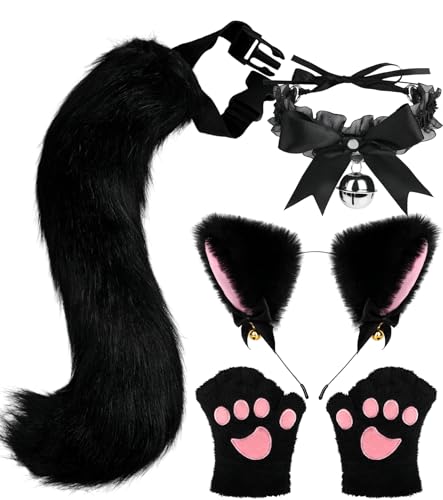 Cat Wolf Fox Ears and Tail Costume Set with Bell Lace Choker