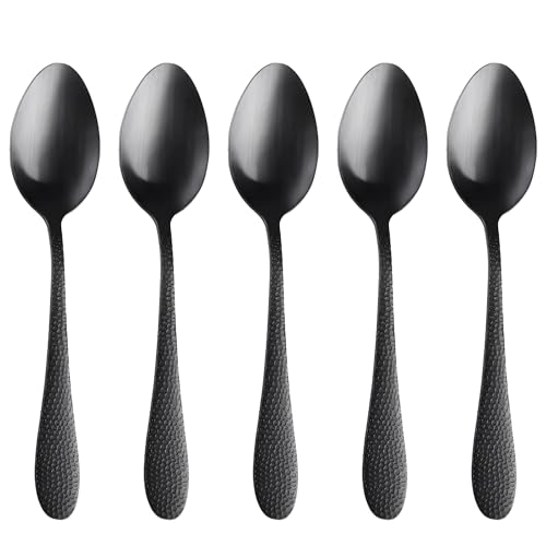 Image of 8.1 inch Hammered Charcoal Black Silverware Dinner Spoons | 5-Piece Premium Stainless Steel Flatware Set | Dishwasher Safe Cutlery Set for Home, Restaurant & Gifting