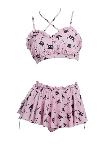 haikyuu Women Skeleton Swimsuit Goth Two Piece Swimsuit with Skirt Pink Halter Bikini Gothic Bathing Suit