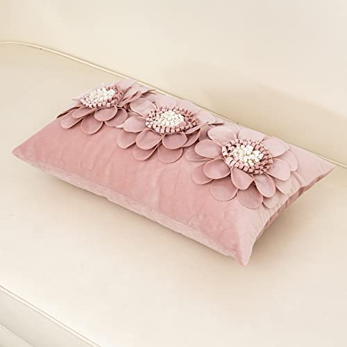 Alerfa 3D Flower Handmade Throw Pillow Cover Decorative Pink Velvet Pillowcase Cushion Cover With Hidden Zipper For Couch Bed Living Room Home Decor 12X20 Inches #TOP2