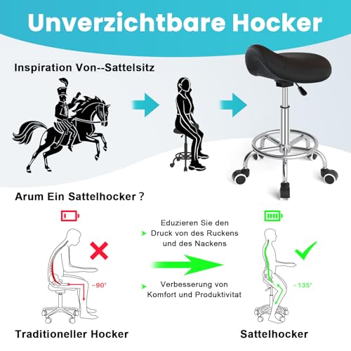 Sattelhocker Ergonomisch - Bequemer Sattelstuhl mit einem breiten Sattelsitzkissen, drehbarer, verstellbarer Sattelhocker mit Rollen und Ringpedal für Medizin,Massage, Salon,Büro und Zuhause (Schwarz)