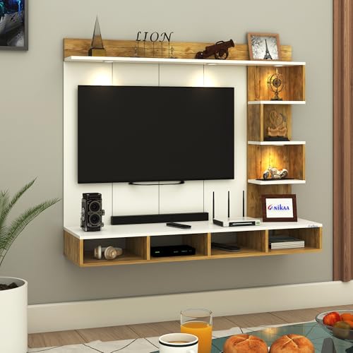Image of Anikaa Kasey Engineered Wood Wall-Mount TV Unit with PVC Back Panel & LED Lights | TV Cabinet with Storage Box & Decorative Shelves (Gaintwood /White) Ideal for TVs up to 55 Inch | DIY Installation