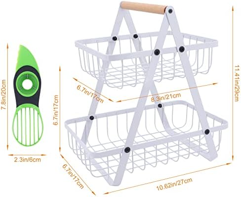 Seahelms 2-Tier Countertop Wire Fruit Basket with Avocado Divider,Kitchen Fruit Bowl Stand Bread Basket Vegetable Rack for Fruit, Vegetables, Home, Kitchen Storage Holder (White)