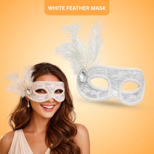 Image of Wanna Party White Lace Feather Eye Mask for Women - Elegant Net Masquerade Party Mask with Feather & Elastic Strap for Halloween, Carnival, Costume & Theme Parties