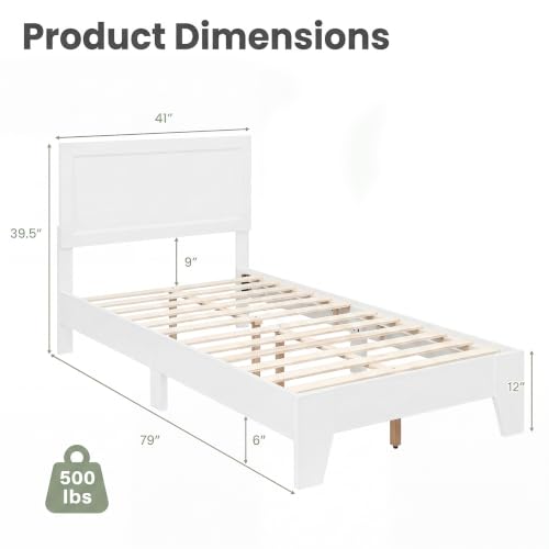 Image of GIANTEX Twin Size Wooden Bed Frame with Headboard, Wood Slat Support | Modern Platform Bed with Heavy Duty Mattress Foundation, Under-Bed Storage, No Box Spring Needed, Easy Assembly (White)
