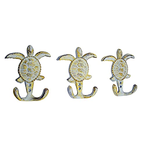 Wowser Distressed White Sea Turtle Cast Iron Wall Hook, Yellow Accents, Wall Décor, Set of 3, 4 3/4 Inch - Image 2
