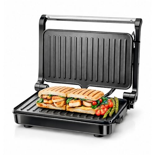 Innoteck Electric Contact Grill Panini Press Sandwich Toaster 1200W Non Stick Teflon Plates 180 Flat Opening Indoor BBQ Grill Maker with Drip Tray Cool Touch Handle & Ready Indicator Light