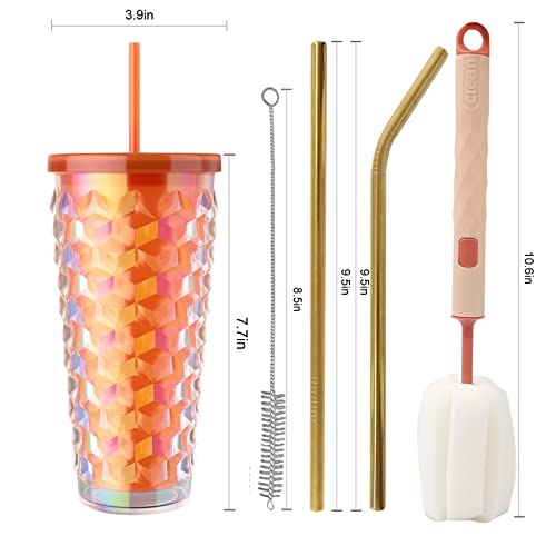 Paiaojia Cups With Lids And Straws,Plastic Tumbler With Lid And Straw - 18 Oz Orange Coffee Travel Mug Double Layer Insulated Cute Water Bottles Adult Plastic Tumblers #TOP6